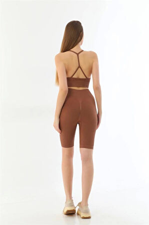 Kahve Mı 3921 Soft Seamless Ripli Tayt Yoga Takımı