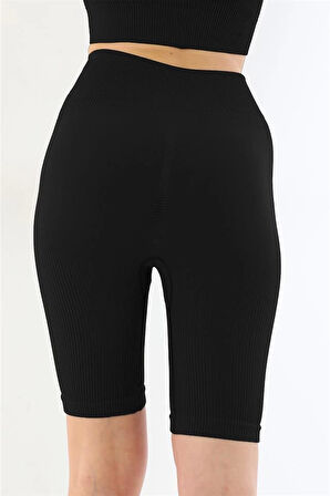 Siyah Mı 3921 Soft Seamless Ripli Tayt Yoga Takımı