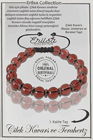 Sertifikalı Gerçek Hematit - Çilek Kuvars Taşı Bileklik - Ayarlamalı