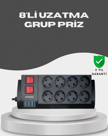 Akım Korumalı 8’li Priz 3 USB’li Uzatma Kablosu Isıya Dayanıklı 2 Metre
