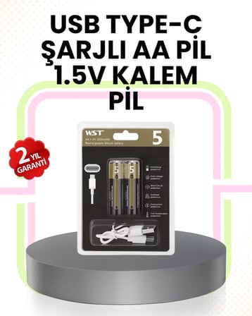 Tekrar Şarj Edilebilir AA USB Type-C Pil | 1000+ Döngü | 1.5V Sabit Voltaj