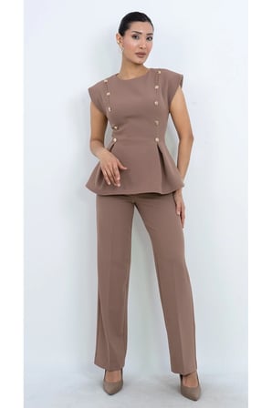 Özel Koleksiyon Kruvaze Gold Düğmeli Peplum Bluz Ve Pantolon İkili Takım - Düğün - Mezuniyet - Ofis 