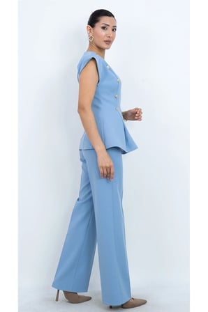 Özel Koleksiyon Kruvaze Gold Düğmeli Peplum Bluz Ve Pantolon İkili Takım - Düğün - Mezuniyet - Ofis 