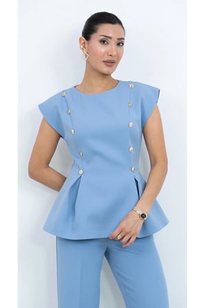 Özel Koleksiyon Kruvaze Gold Düğmeli Peplum Bluz Ve Pantolon İkili Takım - Düğün - Mezuniyet - Ofis 
