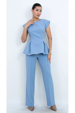 Özel Koleksiyon Kruvaze Gold Düğmeli Peplum Bluz Ve Pantolon İkili Takım - Düğün - Mezuniyet - Ofis 