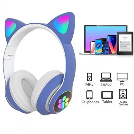  Kedi Kulak Led Işıklı Kablosuz Bluetooth Mikrofonlu Hafıza Kartı Girişli Kulaklık 