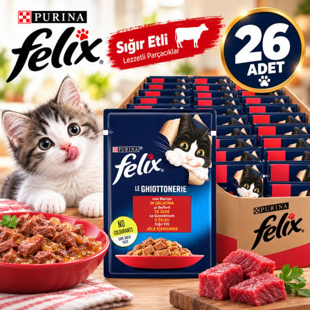 Felix Sığır Etli Yetişkin Kedi Yaş Mama 26x85g