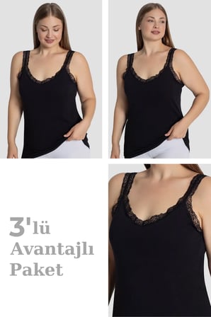 Premium Giyinmek Esnek Kadın Büyük Beden Pamuklu Dantelli Atlet 3'lü Paket