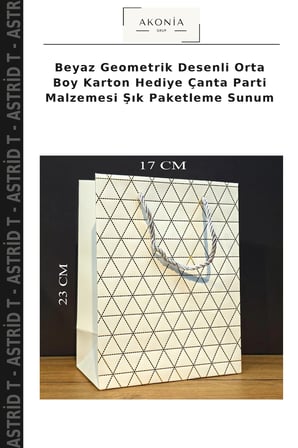 Beyaz Geometrik Desenli Orta Boy Karton Hediye Çanta Parti Malzemesi Şık Paketleme Sunum