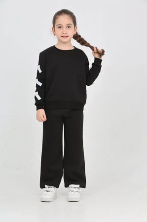 Kız Çocuk 3 İplik Şardonlu Kurdele Detaylı Basic Sweatshirt-Bol Kesim Palazzo Eşofman Takım — Siyah