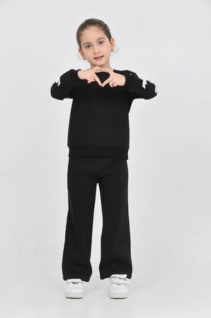 Kız Çocuk 3 İplik Şardonlu Kurdele Detaylı Basic Sweatshirt-Bol Kesim Palazzo Eşofman Takım — Siyah