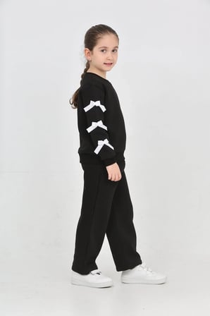 Kız Çocuk 3 İplik Şardonlu Kurdele Detaylı Basic Sweatshirt-Bol Kesim Palazzo Eşofman Takım — Siyah