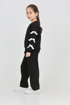 Kız Çocuk 3 İplik Şardonlu Kurdele Detaylı Basic Sweatshirt-Bol Kesim Palazzo Eşofman Takım — Siyah