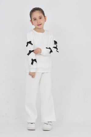 Kız Çocuk 3 İplik Şardonlu Kurdele Detaylı Basic Sweatshirt-Bol Kesim Palazzo Eşofman Takım — Ekru