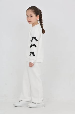Kız Çocuk 3 İplik Şardonlu Kurdele Detaylı Basic Sweatshirt-Bol Kesim Palazzo Eşofman Takım — Ekru