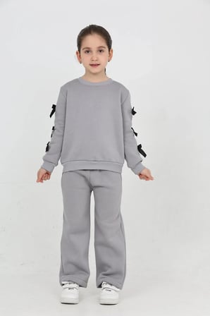 Kız Çocuk 3 İplik Şardonlu Kurdele Detaylı Basic Sweatshirt-Bol Kesim Palazzo Eşofman Takım — Gri