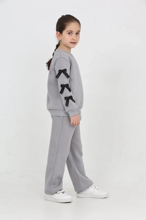 Kız Çocuk 3 İplik Şardonlu Kurdele Detaylı Basic Sweatshirt-Bol Kesim Palazzo Eşofman Takım — Gri