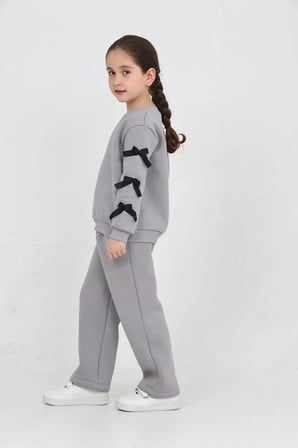 Kız Çocuk 3 İplik Şardonlu Kurdele Detaylı Basic Sweatshirt-Bol Kesim Palazzo Eşofman Takım — Gri