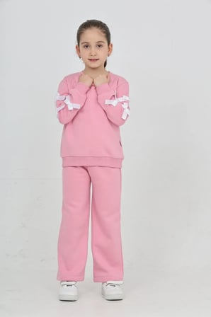 Kız Çocuk 3 İplik Şardonlu Kurdele Detaylı Basic Sweatshirt-Bol Kesim Palazzo Eşofman Takım — Pembe