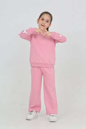 Kız Çocuk 3 İplik Şardonlu Kurdele Detaylı Basic Sweatshirt-Bol Kesim Palazzo Eşofman Takım — Pembe