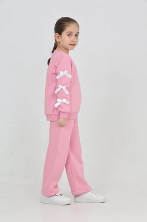 Kız Çocuk 3 İplik Şardonlu Kurdele Detaylı Basic Sweatshirt-Bol Kesim Palazzo Eşofman Takım — Pembe