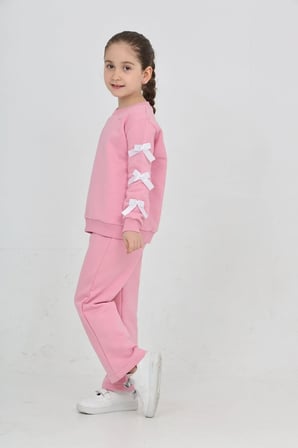 Kız Çocuk 3 İplik Şardonlu Kurdele Detaylı Basic Sweatshirt-Bol Kesim Palazzo Eşofman Takım — Pembe
