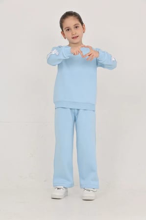 Kız Çocuk 3 İplik Şardonlu Kurdele Detaylı Basic Sweatshirt-Bol Kesim Palazzo Eşofman Takım — Bebe Mavisi