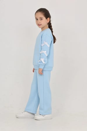Kız Çocuk 3 İplik Şardonlu Kurdele Detaylı Basic Sweatshirt-Bol Kesim Palazzo Eşofman Takım — Bebe Mavisi