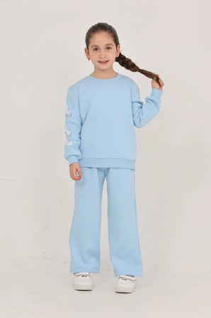 Kız Çocuk 3 İplik Şardonlu Kurdele Detaylı Basic Sweatshirt-Bol Kesim Palazzo Eşofman Takım — Bebe Mavisi