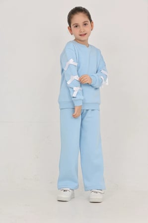 Kız Çocuk 3 İplik Şardonlu Kurdele Detaylı Basic Sweatshirt-Bol Kesim Palazzo Eşofman Takım — Bebe Mavisi
