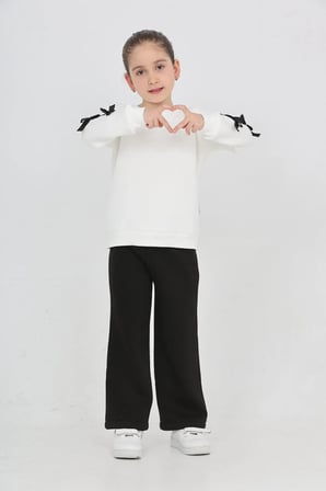 Kız Çocuk 3 İplik Şardonlu Kurdele Detaylı Basic Sweatshirt-Bol Kesim Palazzo Eşofman Takım — Ekru-Siyah