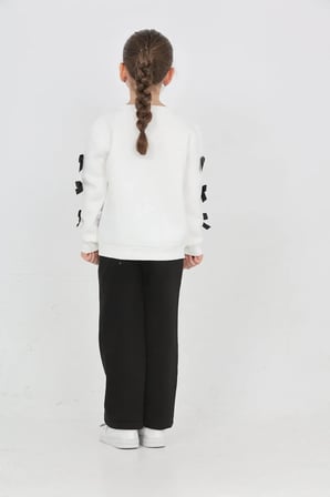 Kız Çocuk 3 İplik Şardonlu Kurdele Detaylı Basic Sweatshirt-Bol Kesim Palazzo Eşofman Takım — Ekru-Siyah