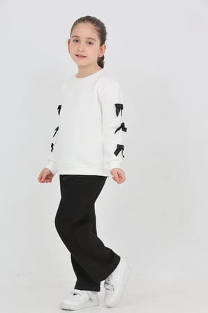 Kız Çocuk 3 İplik Şardonlu Kurdele Detaylı Basic Sweatshirt-Bol Kesim Palazzo Eşofman Takım — Ekru-Siyah