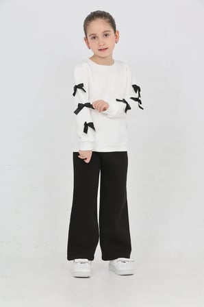 Kız Çocuk 3 İplik Şardonlu Kurdele Detaylı Basic Sweatshirt-Bol Kesim Palazzo Eşofman Takım — Ekru-Siyah