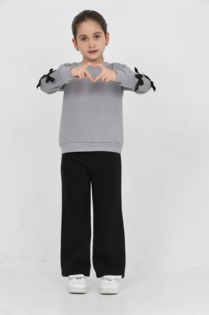 Kız Çocuk 3 İplik Şardonlu Kurdele Detaylı Basic Sweatshirt-Bol Kesim Palazzo Eşofman Takım — Gri-Siyah