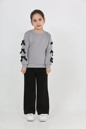 Kız Çocuk 3 İplik Şardonlu Kurdele Detaylı Basic Sweatshirt-Bol Kesim Palazzo Eşofman Takım — Gri-Siyah