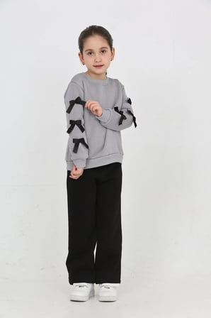 Kız Çocuk 3 İplik Şardonlu Kurdele Detaylı Basic Sweatshirt-Bol Kesim Palazzo Eşofman Takım — Gri-Siyah