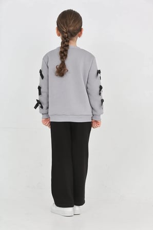 Kız Çocuk 3 İplik Şardonlu Kurdele Detaylı Basic Sweatshirt-Bol Kesim Palazzo Eşofman Takım — Gri-Siyah