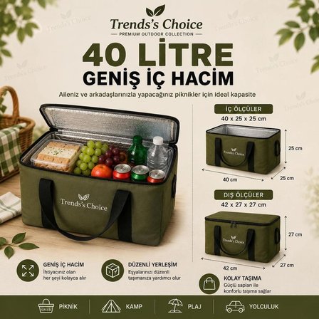 40 Litre Termal Buzluk Çanta Katlanabilir Piknik Kamp Plaj ve Yolculuk İçin Soğuk Sıcak Koruyucu Seyehat Çantası