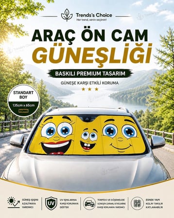 Emoji Desenli Araç Ön Cam Güneşliği 135x65 cm Katlanabilir Oto Güneşlik UV Koruyucu