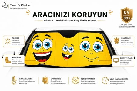 Emoji Desenli Araç Ön Cam Güneşliği 135x65 cm Katlanabilir Oto Güneşlik UV Koruyucu
