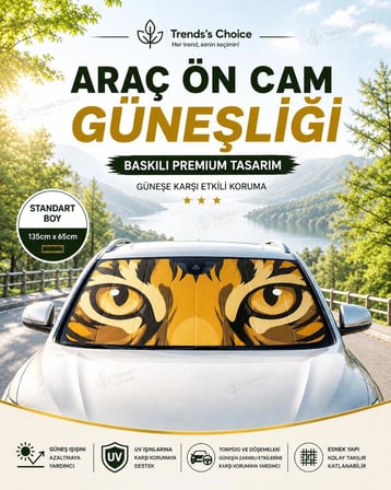 Kaplan Desenli Araç Ön Cam Güneşliği 135x65 cm Katlanabilir Oto Güneşlik UV Koruyucu