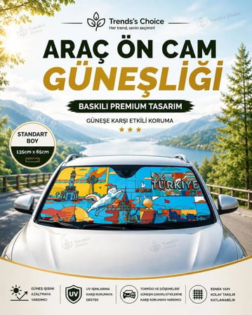 Türkiye Desenli Araç Ön Cam Güneşliği 135x65 cm Katlanabilir Oto Güneşlik UV Koruyucu