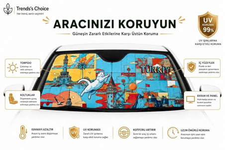 Türkiye Desenli Araç Ön Cam Güneşliği 135x65 cm Katlanabilir Oto Güneşlik UV Koruyucu