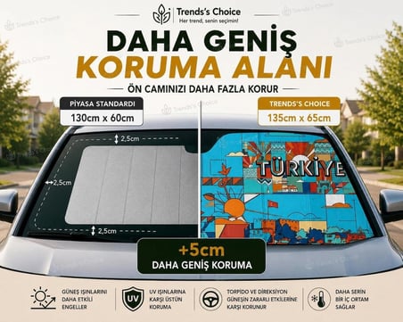 Türkiye Desenli Araç Ön Cam Güneşliği 135x65 cm Katlanabilir Oto Güneşlik UV Koruyucu