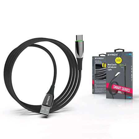 Syrox C134AT 3.0A 1.20mt Ledli Örgülü Metal Başlı USB-A - Type-C Şarj & Data Kablosu - Siyah