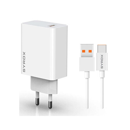 Syrox M33T 3.0A 33W Turbo 1mt USB-A - Type-C Kablolu USB-A Çıkışlı Şarj Cihazı - Beyaz