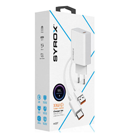 Syrox M33T 3.0A 33W Turbo 1mt USB-A - Type-C Kablolu USB-A Çıkışlı Şarj Cihazı - Beyaz
