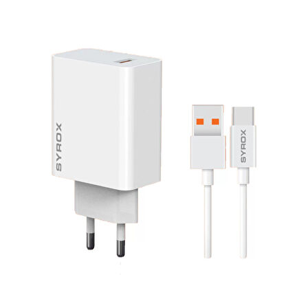 Syrox M67T 3.0A 67W Turbo 1mt USB-A - Type-C Kablolu 1xUSB-A Çıkışlı Şarj Cihazı - Beyaz