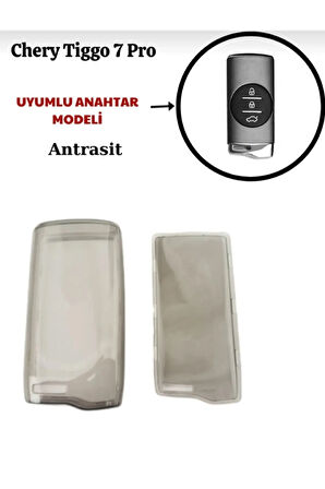 Lüx Chery Tiggo 7 Pro Antrasit Şeffaf Silikon Anahtar Kılıfı